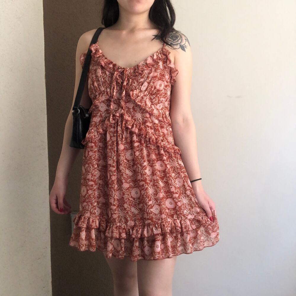 Floral print red pink ruffled tier mini summer dress small